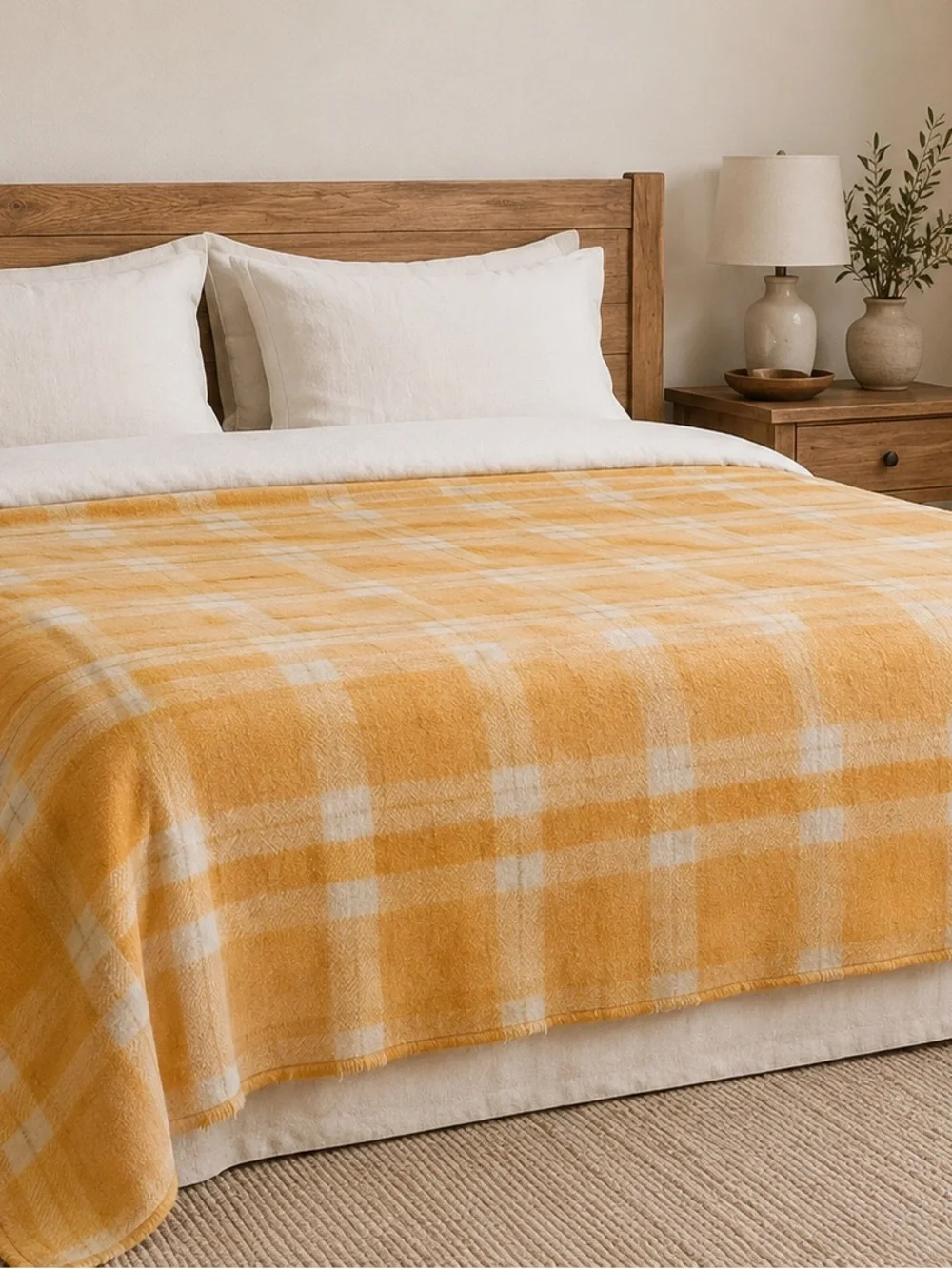 Invicta Australian Wool Plaid Throw Blanket Camel Cream Plaid Check 57x80 Queen